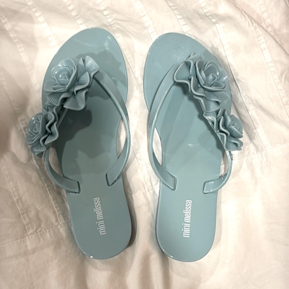 Mini Melissa Girls Light Blue Floral Jelly Flip Flops
